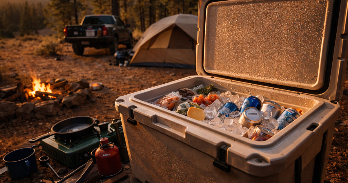 Rotomolded cooler at a dispersed camping site in the desert with a truck and camp setup in the background