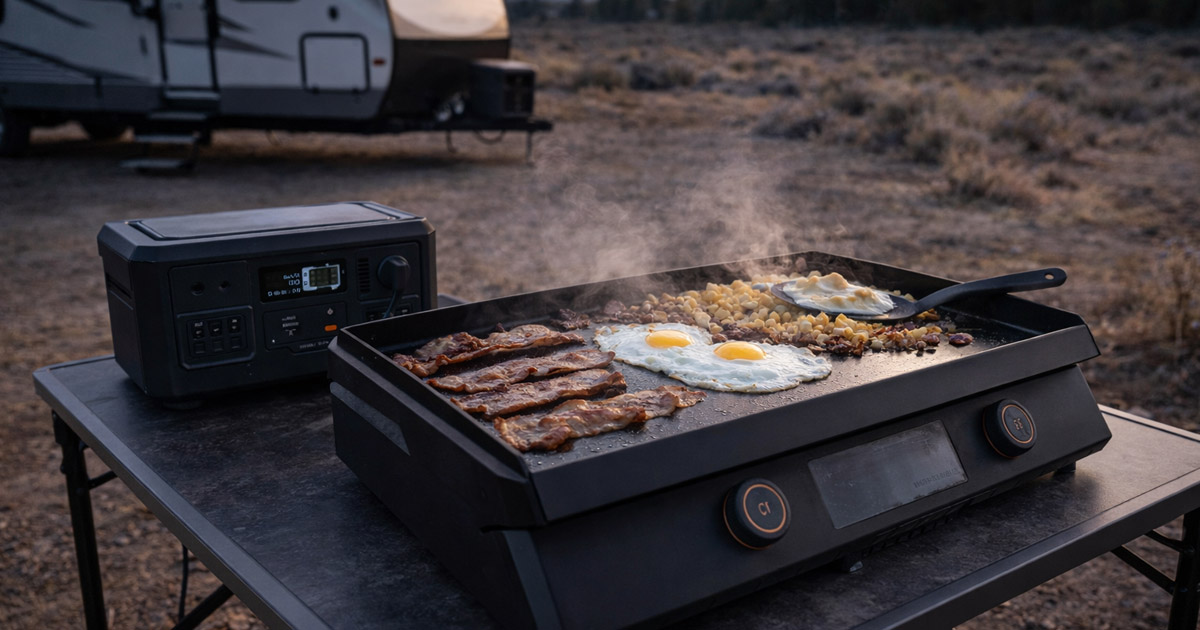 Blackstone 22-inch electric griddle on a table with food cooking on the surface