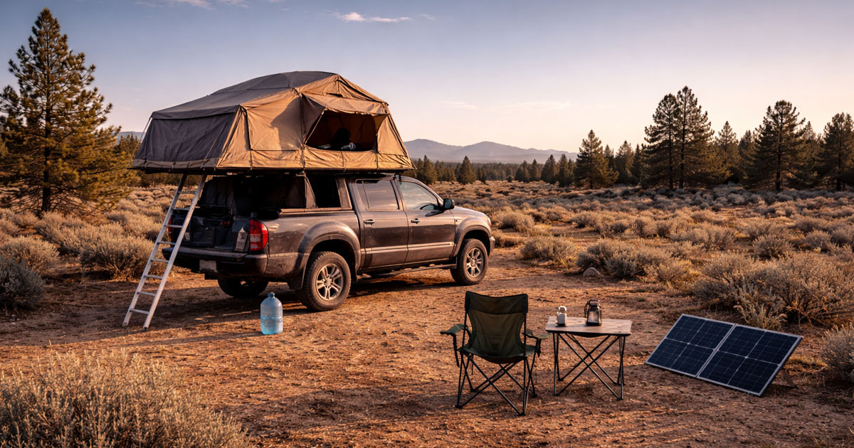 Vehicle parked at a dispersed campsite on open BLM land with distant mountains and no facilities in sight