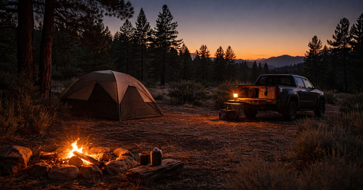 Dispersed camping site with a truck parked on a forest road in the Colorado high country