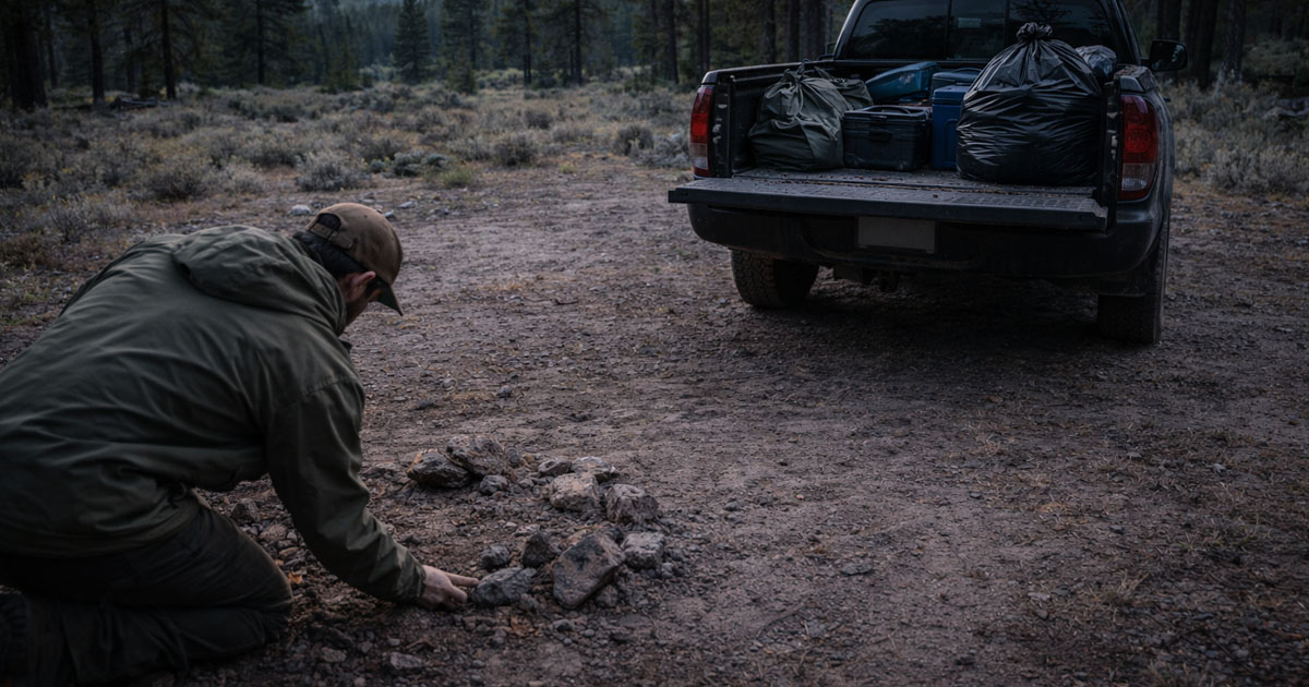 Clean dispersed camping site with an existing fire ring on public land surrounded by pine trees