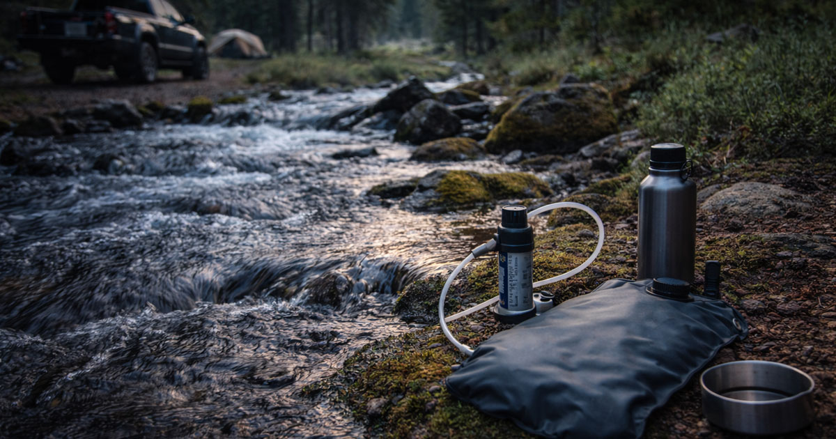 Water containers and a gravity filter at a dispersed camping site with a creek and forest in the background