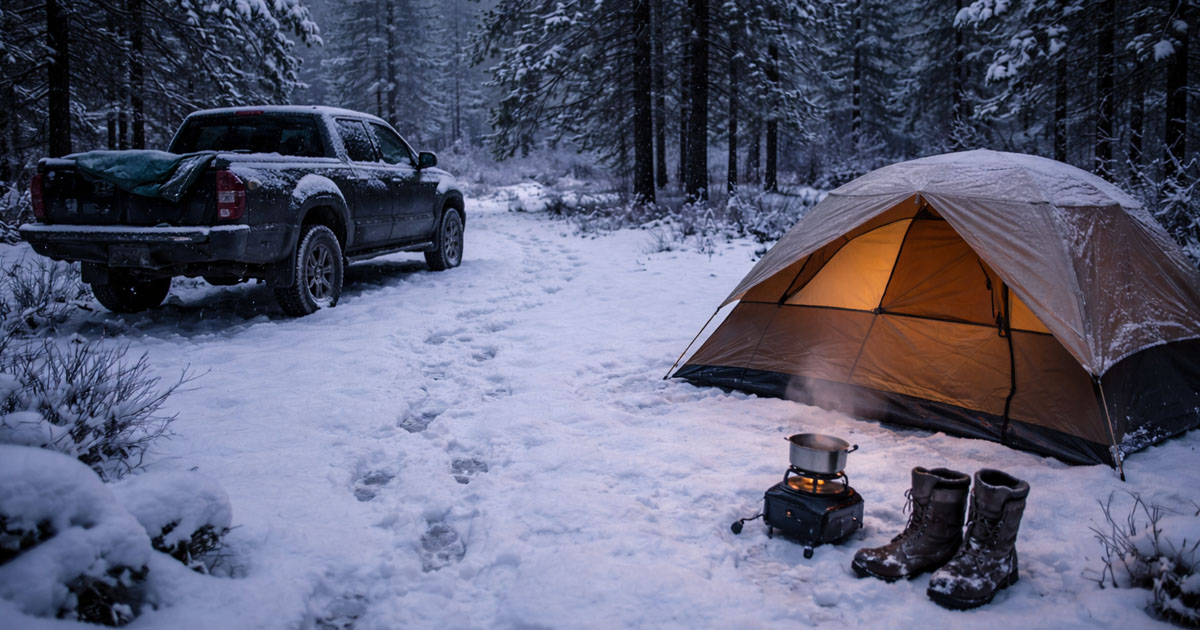 Truck parked at a dispersed camping site in winter with snow on the ground and pine trees in the background
