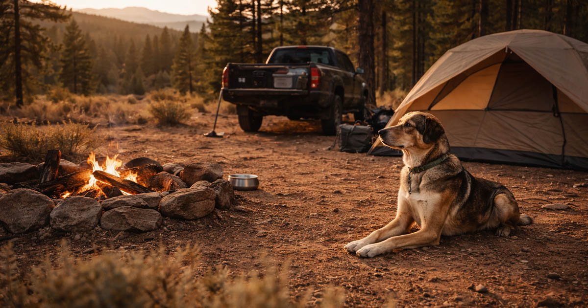 Dog at a dispersed camping site on public land with a truck and open desert in the background