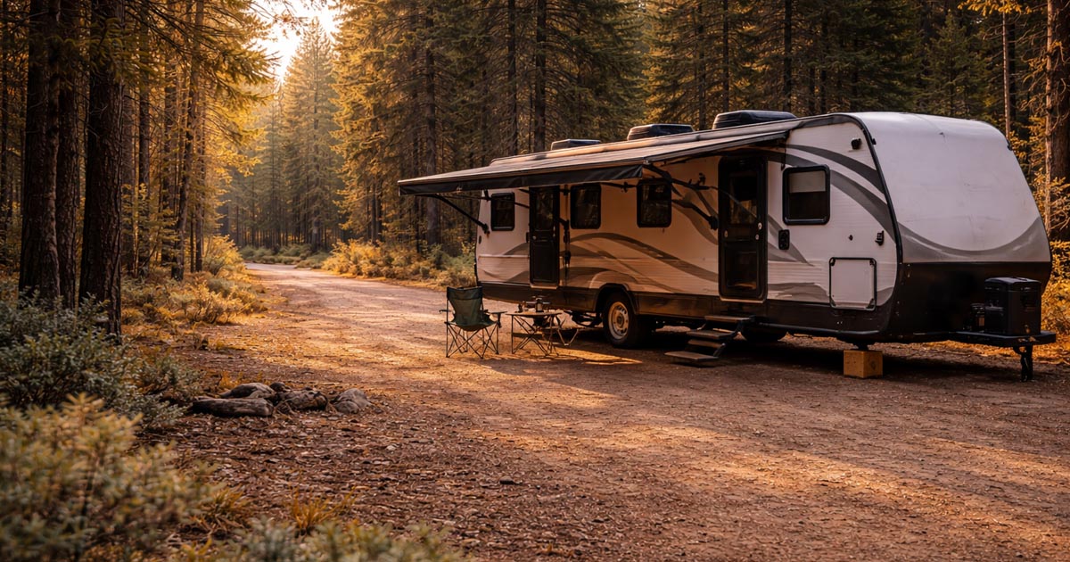 Vehicle parked at a dispersed campsite along a national forest road with pine trees and a mountain backdrop