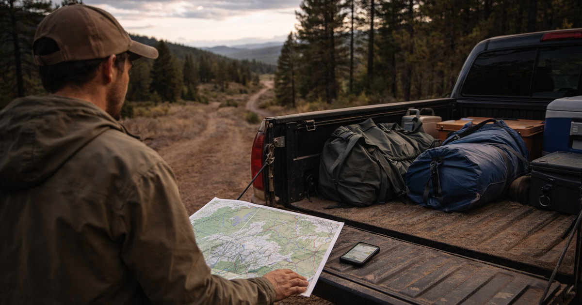 Satellite view of a dispersed camping site on public land with a vehicle parked at a forest road pulloff