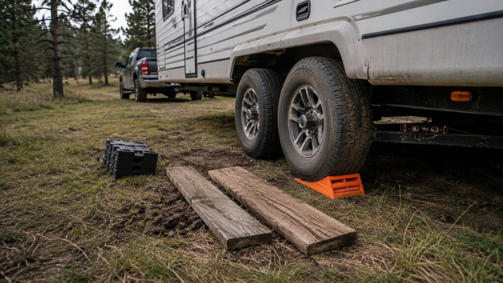 Tandem-axle travel trailer on grass with cedar boards, RV leveling blocks, and a curved leveler under the tire