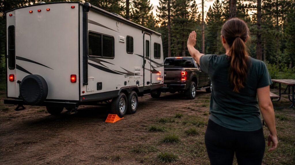 Spotter watching the bubble level on a travel trailer front while it backs onto a leveling ramp, showing how to level a travel trailer
